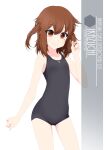  1girl artist_name black_swimsuit brown_eyes brown_hair character_name contrapposto cowboy_shot flat_chest highres ikazuchi_(kancolle) inaba_shiki kantai_collection looking_at_viewer new_school_swimsuit school_swimsuit short_hair simple_background solo standing swimsuit white_background 