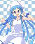  1girl blue_eyes blue_hair bracelet dress hat ika ikamusume jewelry long_hair shinryaku!_ikamusume solo sys sys_(suisei) 