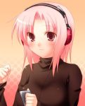  1girl 47agdragon beige_background blush cable digital_media_player headphones long_sleeves looking_at_viewer original pink_hair red_eyes short_hair simple_background solo upper_body 