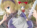  1girl alice_margatroid apron bangs blonde_hair blue_eyes bow capelet eyebrows female hair_bow hairband holding holding_sword holding_weapon long_hair long_sleeves looking_at_viewer outdoors red_bow shanghai_doll shield short_hair solo sword thread touhou tree watermark weapon yuki_shuuka 