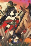  2girls :o arrow banner bare_shoulders black_hair blurry depth_of_field eyepatch flag green_eyes helmet horse horseback_riding japanese_clothes katana kimono multiple_girls off_shoulder on_person original riding sheath sword unsheathing weapon yaegashi_nan 