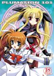  2girls belt blonde_hair cape cover cover_page doujin_cover fate_testarossa gloves hand_holding kanna_(plum) lyrical_nanoha magic_circle magical_girl mahou_shoujo_lyrical_nanoha mahou_shoujo_lyrical_nanoha_a&#039;s multiple_girls takamachi_nanoha thigh-highs twintails 