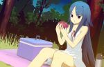  1girl blue_hair dress food forest long_hair nature outdoors picnic saya saya_no_uta sky solo 