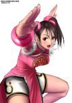  1girl breasts brown_eyes brown_hair china_dress chinese_clothes dress female fighting_stance fingernails hands ling_xiaoyu looking_at_viewer open_mouth pelvic_curtain pink_dress ryu_(ryu&#039;s_former_site) shorts simple_background solo tekken twintails white_background 