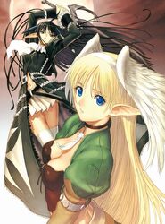  2girls black_hair blonde_hair blue_eyes breasts brown_eyes cleavage elf elwing head_wings highres large_breasts long_hair multiple_girls pointy_ears sega shining_(series) shining_tears shining_wind skirt sword tanaka_takayuki thigh-highs very_long_hair weapon xecty_ein 