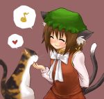  1girl ^_^ animal_ears brown_hair cat cat_ears cat_tail chen closed_eyes earrings female happy hat heart jewelry kiji_(manekinuko-tei) multiple_tails musical_note petting short_hair simple_background solo speech_bubble spoken_heart spoken_musical_note tail touhou 