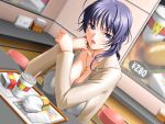  1girl blue_eyes blue_hair breasts cleavage erect_nipples food futago_no_bosei_honnou futago_no_haha_seihonnou game_cg huge_breasts jewelry kusunoki_akane large_breasts lipstick looking_at_viewer makeup necklace nipples open_clothes open_shirt restaurant sano_toshihide shirt solo 