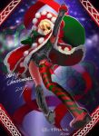  1girl black_boots blonde_hair bodysuit boots brown_eyes christmas dress leotard looking_at_viewer original pom_pom_(clothes) red_dress sack santa_costume single_thighhigh solo striped striped_legwear thigh-highs thigh_boots 