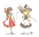 2girls apron bangs black_bow black_eyes black_hair black_hat black_shoes black_skirt black_vest blonde_hair blue_eyes bow braid carrying_over_shoulder cravat detached_sleeves female full_body gohei hair_bow hair_tubes hakurei_reimu half_updo hand_on_hip hat hat_bow hat_ribbon hitting holding holding_broom kirisame_marisa legs_apart legs_together long_hair looking_at_another mary_janes mokeo multiple_girls one_eye_closed pantyhose profile red_bow red_ribbon red_skirt ribbon ribbon-trimmed_sleeves ribbon_trim shide shirt shoes short_sleeves single_braid sketch skirt socks touhou vest waist_apron white_apron white_background white_bow white_legwear white_ribbon white_shirt witch_hat 