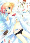  1girl bed blue_eyes bow candy chocolate_bar flat_chest food gintama hair_bow jelly_bean kagura_(gintama) labcoat lollipop midriff open_clothes panties pocky sakurazawa_izumi side-tie_panties solo underwear 