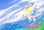  1girl barefoot blonde_hair butterfly closed_eyes female flying hat jpeg_artifacts lily_white long_hair mandara_misaki outstretched_arms solo spread_arms touhou wings 