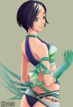  1girl androgynous ass bare_shoulders black_hair blue_hair elbow_gloves from_behind gloves green_background green_gloves grey_eyes grey_eyes kousaka_kotohiko looking_back original short_hair shorts simple_background skin_tight smile solo 