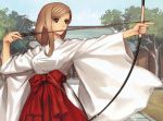  1girl archery arrow bow_(weapon) brown_eyes brown_hair hakama highres japanese_clothes kyuudou marksman miko red_hakama sega shining_(series) shining_wind solo tanaka_takayuki touka_kureha weapon 