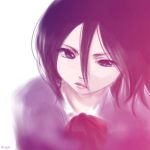  1girl black_eyes black_hair bleach close-up closed_mouth expressionless kuchiki_rukia lips monochrome simple_background solo upper_body white_background 