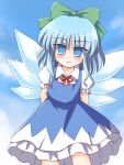  1girl blue_eyes blue_hair blush cirno female gradient gradient_background hair_ribbon outdoors ribbon ry shoot_the_bullet skirt sky solo touhou white_background wings 