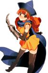  1girl alena_(dq4) alternate_legwear black_legwear blush boots cape chunsoft claws dragon_quest dragon_quest_iv dress elbow_gloves enix gloves hat highres long_hair redhead sanbasou skirt solo thigh-highs yellow_skirt zettai_ryouiki 