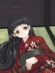  1girl black_hair brown_eyes japanese_clothes kimono long_hair lying natori_(natorism) obi on_back original sash solo tatami 