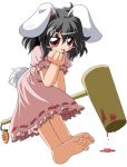  1girl :d animal_ears barefoot black_hair blood blood_splatter d.a dripping feet female full_body hammer inaba_tewi looking_at_viewer open_mouth puffy_short_sleeves puffy_sleeves rabbit_ears red_eyes short_sleeves simple_background smile soles solo toes touhou white_background 