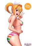  1girl arched_back bare_arms bikini blonde_hair breasts cropped_legs earrings english_text feet_out_of_frame female horizontal-striped_bikini horizontal_stripes jewelry marin_(umi_monogatari) medium_breasts multicolored multicolored_bikini multicolored_swimsuit one_eye_closed open_mouth ponytail red_eyes ryu_(ryu&#039;s_former_site) sideboob simple_background smile solo speech_bubble striped striped_bikini striped_swimsuit swimsuit tied_hair umi_monogatari under_boob v white_background wink 