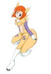  1girl animal_ears artist_request blue_eyes blush claws cosplay digimon digimon_tamers higurashi_no_naku_koro_ni namesake navel orange_hair paws pun renamon renamon_(cosplay) ryuuguu_rena short_hair solo tail 