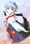  1girl ayanami_rei blue_hair casual hanbok highres korean_clothes neon_genesis_evangelion nerv outdoors red_eyes scan scarf short_hair smile snow snowing solo takamura_kazuhiro 