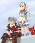  1boy 1girl ahoge arms_behind_back black_eyes blonde_hair boots braid buttons child chito_(field_of...) clouds demon devil dorothy_(over_zenith) dress feel fingerless_gloves gloves grey_eyes grin hat knee_boots long_hair outdoors over_zenith scarf shadow short_dress short_hair silver_hair sitting sky smile socks spiky_hair standing strap toto_(over_zenith) twin_braids wings 