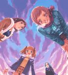  4girls breath cold from_below looking_down multiple_girls short_hair sky twintails 