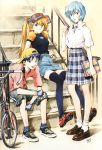  1boy 2girls 90s :3 absurdres ayanami_rei backwards_hat bicycle black_hair blue_eyes blue_hair book casual fingerless_gloves gloves hair_bobbles hair_ornament hat highres ikari_shinji long_hair multiple_girls neon_genesis_evangelion pale_skin plaid plaid_skirt pleated_skirt raglan_sleeves red_eyes redhead sadamoto_yoshiyuki school_uniform serafuku short_hair sitting skirt souryuu_asuka_langley stairs standing thigh-highs visor_cap 