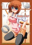  1girl apron hair_ornament kneeling lask lyrical_nanoha mahou_shoujo_lyrical_nanoha mahou_shoujo_lyrical_nanoha_a&#039;s sleeves_rolled_up solo thigh-highs yagami_hayate zettai_ryouiki 