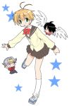  1girl 2boys 90s ahoge chibi dilandau_albatou kanzaki_hitomi multiple_boys school_uniform serafuku short_hair star tamaoka_kagari tenkuu_no_escaflowne van_fanel wings 