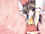  1girl armpits arms_up ascot bow breasts brown_hair detached_sleeves female frills hair_bow hair_tubes hakurei_reimu japanese_clothes miko short_hair sideboob small_breasts solo tateha_(artist) tateha_(marvelous_grace) touhou upper_body wallpaper 