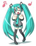 1girl green_eyes green_hair hatsune_miku long_hair lowres mikagami_sou musical_note necktie one_eye_closed open_mouth simple_background solo thigh-highs twintails very_long_hair vocaloid white_background wink 