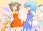  6+girls :&lt; animal_ears backwards_time_universe blonde_hair blue_hair brown_hair cat_ears cat_tail chen cirno dress earrings female fox_tail hair_ribbon hamahara_yoshio hat jewelry konpaku_youmu letty_whiterock multiple_girls multiple_tails musical_note older pink_hair purple_hair quaver ribbon role_reversal saigyouji_yuyuko silver_hair tail time_paradox touhou yakumo_ran yellow_eyes younger 