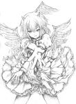  1girl curiosities_of_lotus_asia fang female hands head_wings horns katzeh monochrome simple_background solo tokiko_(touhou) touhou wings 