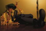  1boy 90s alcohol ashtray cigarette cowboy_bebop feet_on_table glass green_hair male_focus reading solo spike_spiegel tequila 