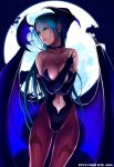  1girl bare_shoulders bat_print bat_wings black_leotard blue_eyes blue_hair breast_hold breasts bridal_gauntlets capcom choker cleavage collarbone cropped_legs demon_girl feet_out_of_frame female full_moon glowing green_eyes green_hair head_wings large_breasts leotard long_hair looking_away looking_to_the_side midriff moon morrigan_aensland navel night night_sky outdoors pantyhose parted_lips patterned_legwear print_legwear purple_legwear ryu_(ryu&#039;s_former_site) shiny shiny_clothes sky solo standing strapless strapless_leotard succubus vampire_(game) wings 