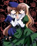  00s 2girls brown_hair green_eyes heterochromia highres long_hair multiple_girls namamo_nanase red_eyes rozen_maiden short_hair siblings sisters souseiseki suiseiseki twins 