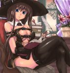  1girl bare_shoulders belt blue_eyes book breasts brown_hair cleavage cleavage_cutout gloves hat large_breasts legs legs_crossed long_hair long_legs no_bra original quill satofuji_masato sitting solo thigh-highs thighs under_boob witch 