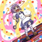  1girl abstract_background cuffs drooling drugs dutch_angle futaba_channel handcuffs lowres maid nijiura_maids open_mouth pill purple_hair saliva short_hair solo syringe thigh-highs yakui 