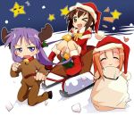  3girls animal_costume animal_ears bell bell_collar christmas collar female gift hat hiiragi_kagami in_container ixy izumi_konata kusakabe_misao lucky_star minegishi_ayano multiple_girls reindeer reindeer_costume sack santa_costume santa_hat sled snow 