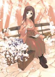  1girl bag bench book brown_eyes brown_hair cherry_blossoms hakama japanese_clothes long_hair meiji_schoolgirl_uniform original reading sitting solo takeshima_satoshi yagasuri 