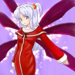  1girl :o blush capelet cowboy_shot dress female frills hair_bobbles hair_ornament lavender_eyes long_hair looking_at_viewer mystic_square parted_lips red_dress shinki silver_hair solo standing touhou wings 