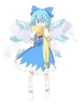  1girl :&gt; blue_eyes blue_hair bow cirno dress female full_body hair_bow ice ice_wings looking_at_viewer mittens mokeo perfect_cherry_blossom scarf socks solo standing touhou wings yellow_scarf 
