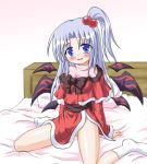  1girl bed blush female grey_hair inasaki_shirau multiple_wings mystic_square shinki side_ponytail sitting solo touhou wariza wings 