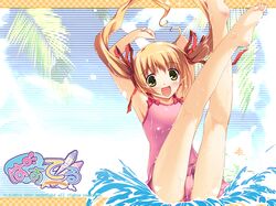  barefoot blonde_hair feet highres one-piece_swimsuit pastel soles swimsuit toes twintails wallpaper water wet yuki_usagi yuuki_haruka 