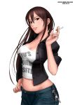  1girl black_shirt breasts brown_eyes brown_hair cigarette cleavage clothes_writing denim earrings feet_out_of_frame female hair_between_eyes holding holding_cigarette jeans jewelry large_breasts long_hair mole mole_above_mouth open_clothes open_shirt pants parted_lips ring ryu_(ryu&#039;s_former_site) shirt simple_background skull smoking solo white_background 