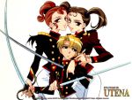  1boy 2girls 90s copyright_name multiple_girls official_art ponytail shinohara_wakaba shoujo_kakumei_utena sonoda_keiko sword tsuwabuki_mitsuru twintails wallpaper weapon white_background 