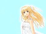  1girl air bare_shoulders blonde_hair blue_eyes dress gradient gradient_background hair_ribbon kamio_misuzu kanae_funwa ponytail ribbon solo sundress 