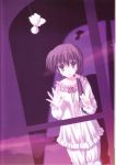  1girl :o against_glass floating frills ghost glass indoors long_sleeves nanao_naru pajamas parted_lips shade shihou_matsuri sola solo standing teruterubouzu window 