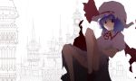  1girl architecture bare_shoulders building city collar dress female frilled_collar frills hat looking_at_viewer mob_cap pink_dress puffy_short_sleeves puffy_sleeves red_eyes remilia_scarlet scarlet_devil_mansion short_hair short_sleeves silver_hair solo touhou tsuki_yuuhi 